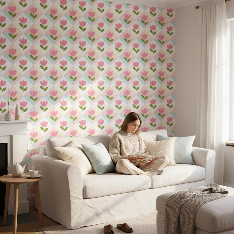 Pink tulip wallpaper peel and stick | pastel floral kids room | nursery bedroom decor | removable wall mural