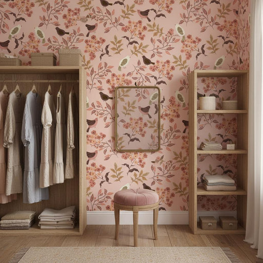 Bird botanical wallpaper peel and stick | blush pink vintage floral | bedroom living room decor | removable wall mural