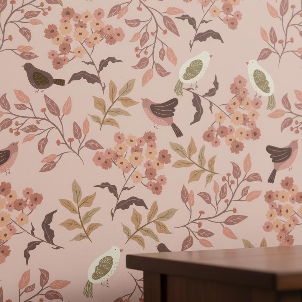 Bird botanical wallpaper peel and stick | blush pink vintage floral | bedroom living room decor | removable wall mural
