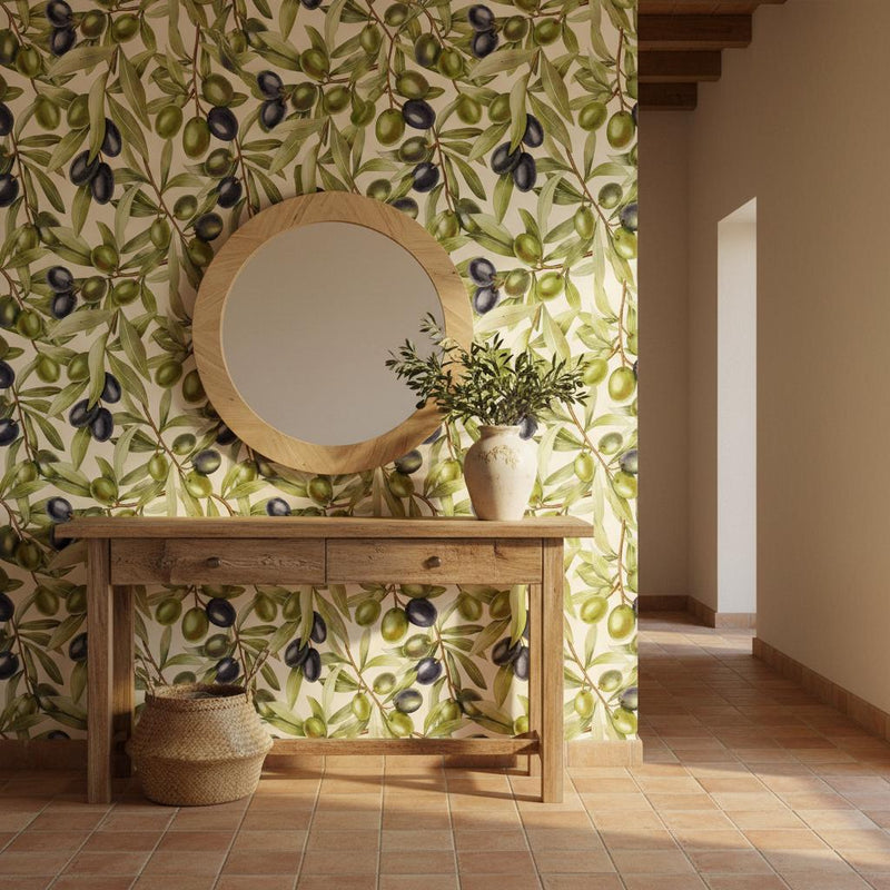 Olive branch wallpaper peel and stick | Mediterranean botanical kitchen | bedroom dining room | removable wall mural