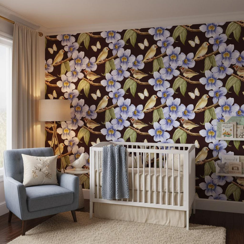 Blue orchid bird wallpaper peel and stick | dark botanical floral luxury | bedroom living room | removable wall mural
