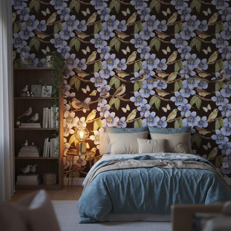 Blue orchid bird wallpaper peel and stick | dark botanical floral luxury | bedroom living room | removable wall mural
