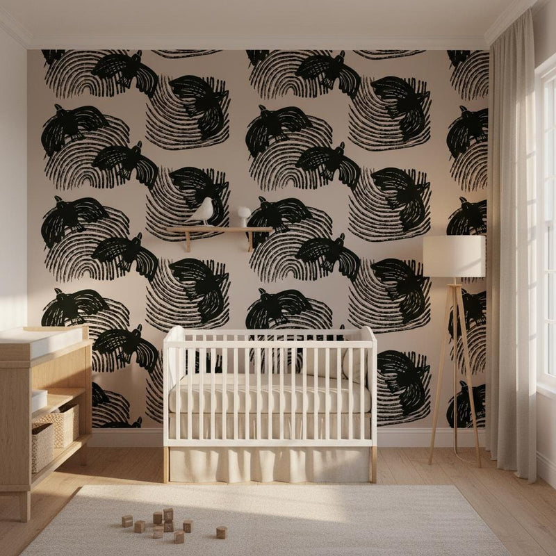 Bird swirl wallpaper peel and stick | bold graphic black Japandi | living room bedroom | removable wall mural