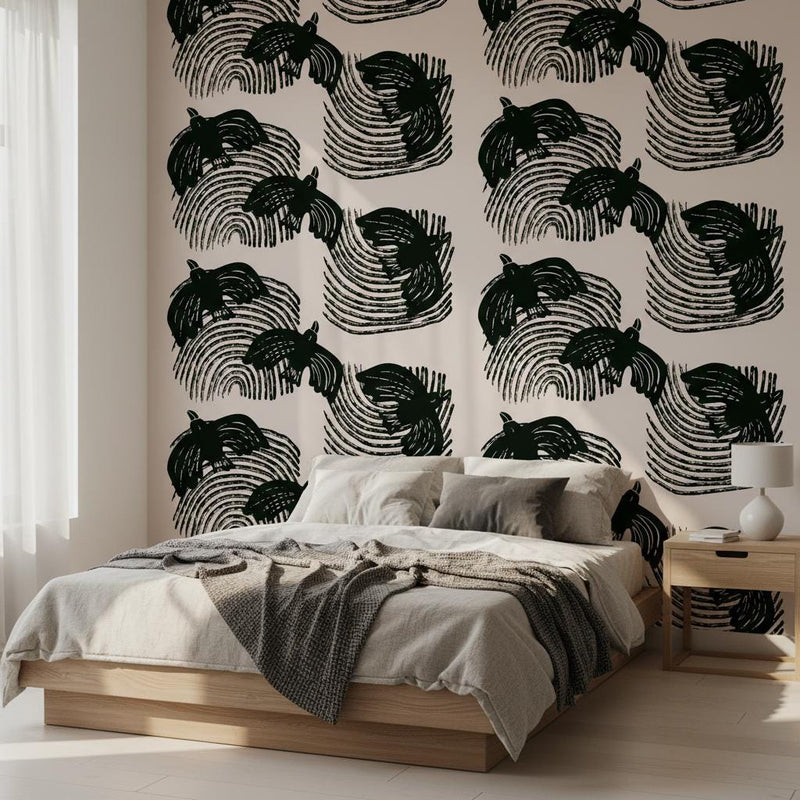 Bird swirl wallpaper peel and stick | bold graphic black Japandi | living room bedroom | removable wall mural