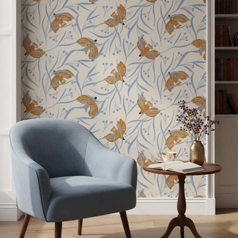 Art Deco bird wallpaper peel and stick | golden botanical sandy beige | bedroom living room | removable wall mural