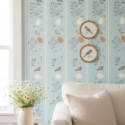 Peel and Stick Wallpaper Bird | Soft Blue Botanical Removable Wallpaper | Cottagecore Nursery