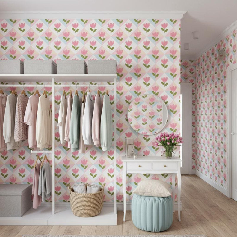 Pink tulip wallpaper peel and stick | pastel floral nursery | kids room removable wallpaper | self adhesive wall decor