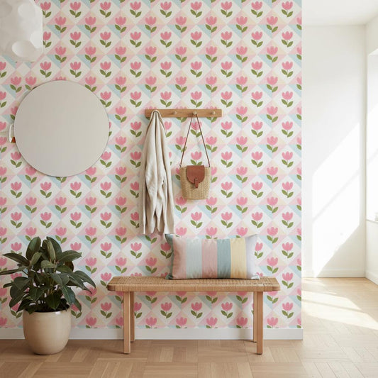 Pink tulip wallpaper peel and stick | pastel floral nursery | kids room removable wallpaper | self adhesive wall decor