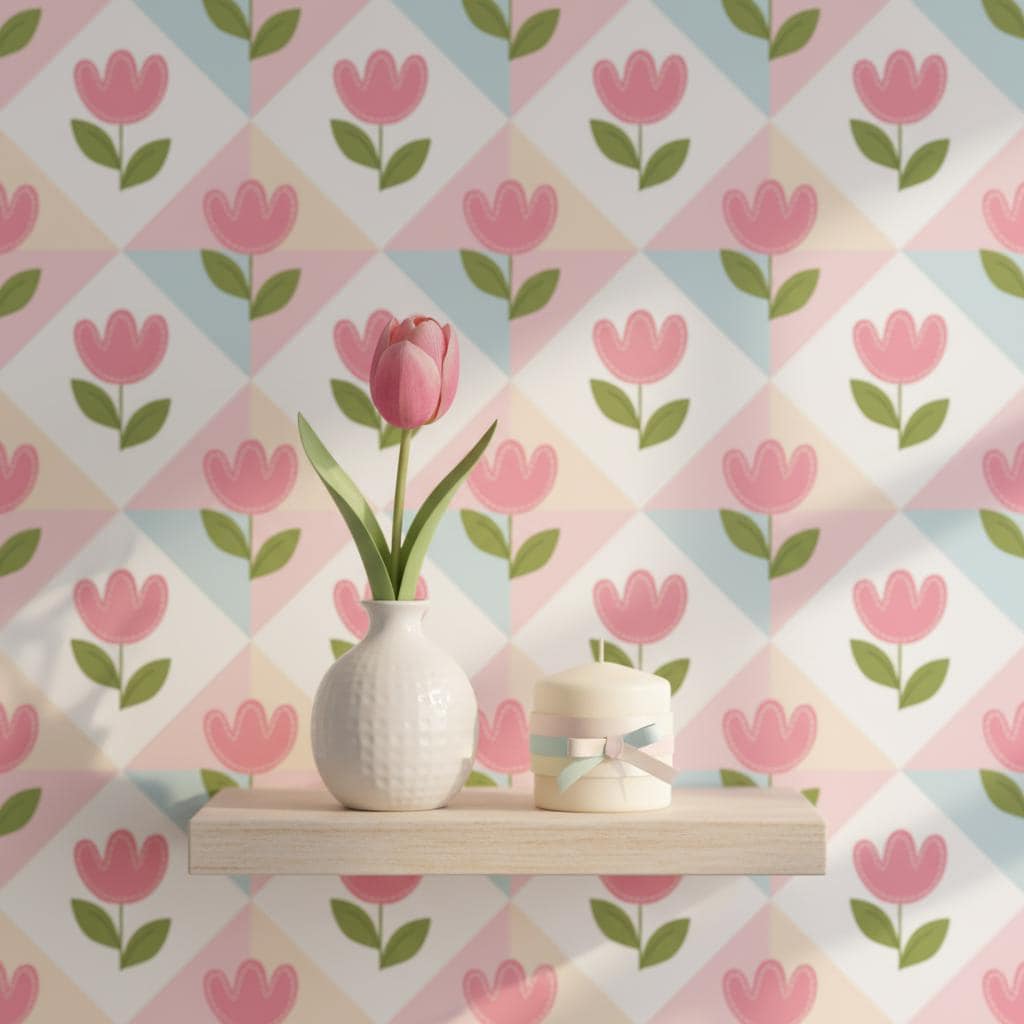 Pink tulip wallpaper peel and stick | pastel floral nursery | kids room removable wallpaper | self adhesive wall decor