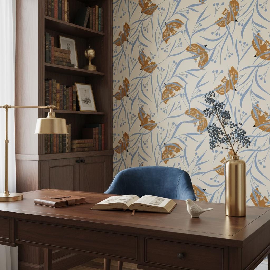 Art Deco bird wallpaper peel and stick | golden botanical sandy beige | bedroom living room | removable wall mural