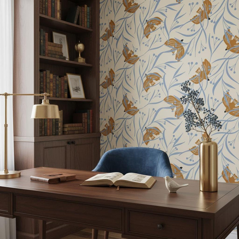 Art Deco bird wallpaper peel and stick | golden botanical sandy beige | bedroom living room | removable wall mural