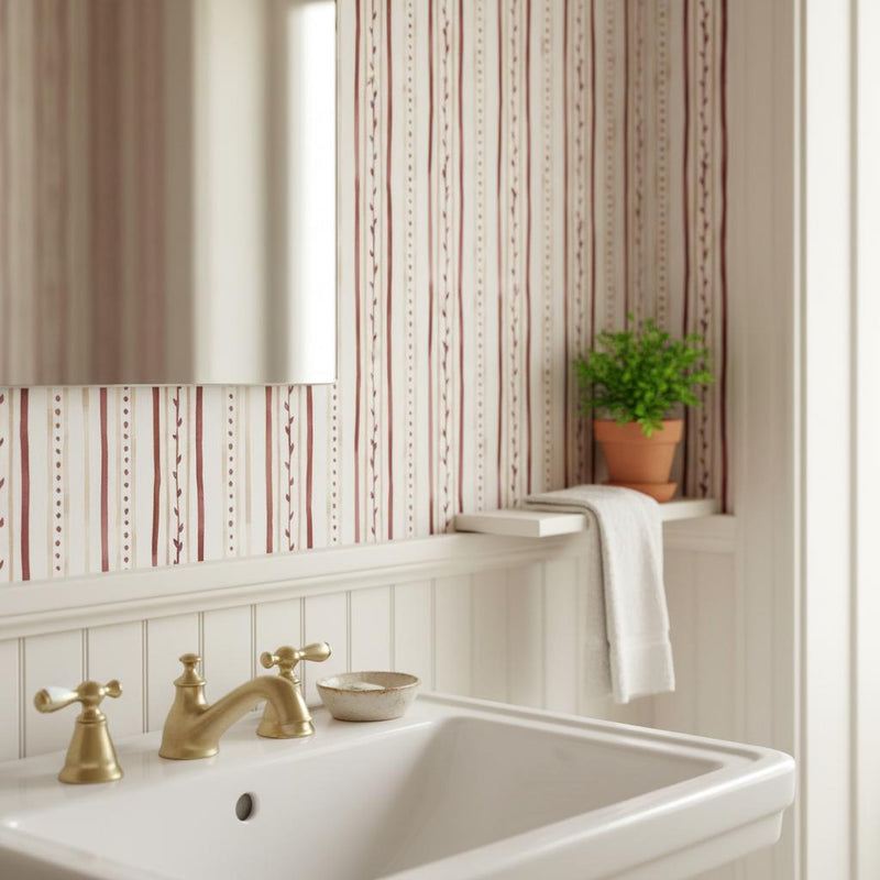 Watercolor Stripe Botanical Wallpaper | Burgundy Cream | Peel and Stick or Traditional