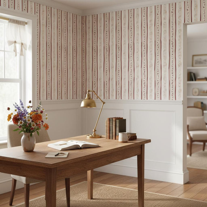 Watercolor Stripe Botanical Wallpaper | Burgundy Cream | Peel and Stick or Traditional