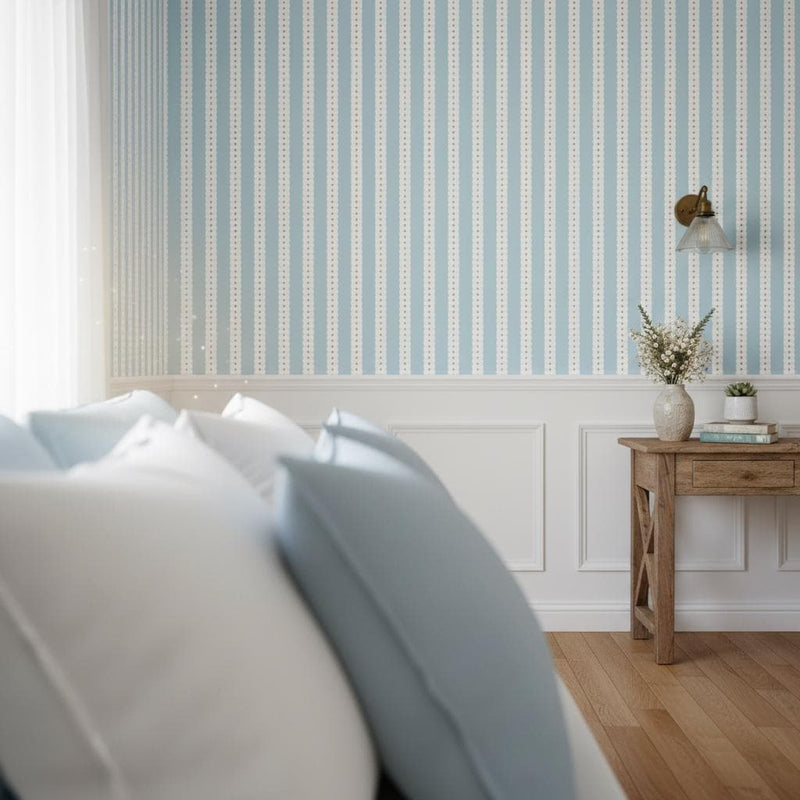 Sky Blue Scallop Stripe Wallpaper | Gold Dots | Nursery & Bedroom
