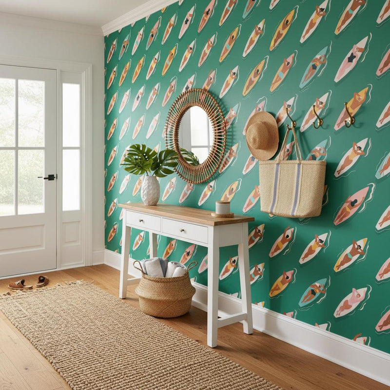 Surfer girls wallpaper | coastal emerald green | kids bedroom living room | peel and stick removable wallpaper