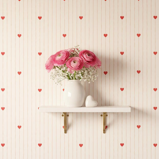Cream heart stripe wallpaper | red hearts cottagecore | nursery bedroom girls room