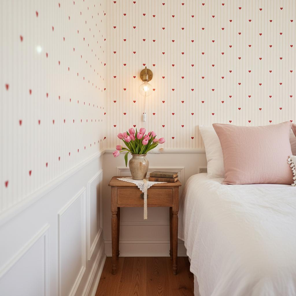 Cream heart stripe wallpaper | red hearts cottagecore | nursery bedroom girls room