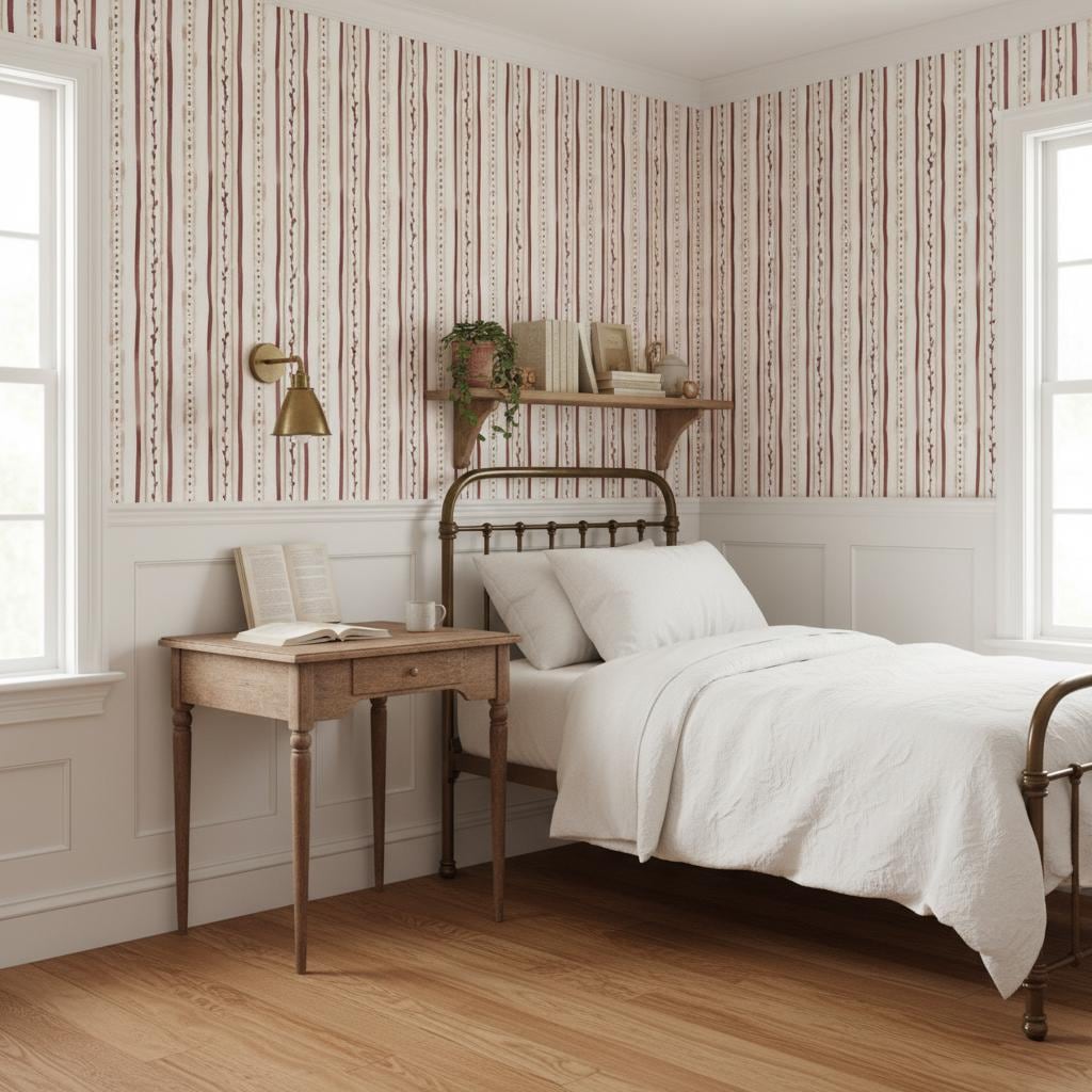 Watercolor Stripe Botanical Wallpaper | Burgundy Cream | Peel and Stick or Traditional