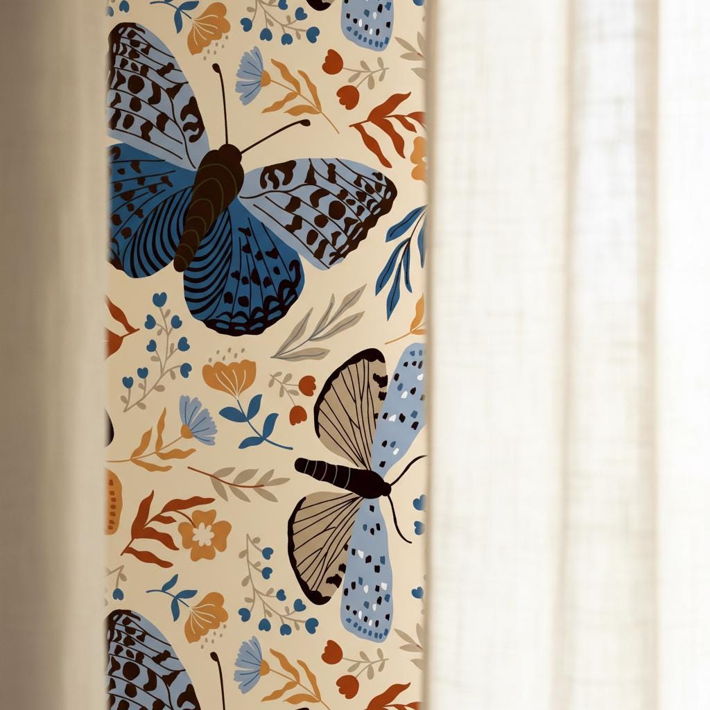 Butterfly moth wallpaper | cream blue rust folk botanical floral | living room bedroom bathroom | peel and stick removable wallpaper