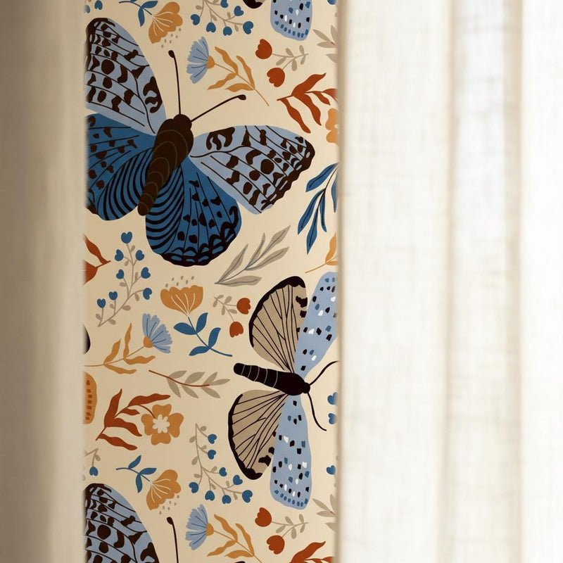 Butterfly moth wallpaper | cream blue rust folk botanical floral | living room bedroom bathroom | peel and stick removable wallpaper