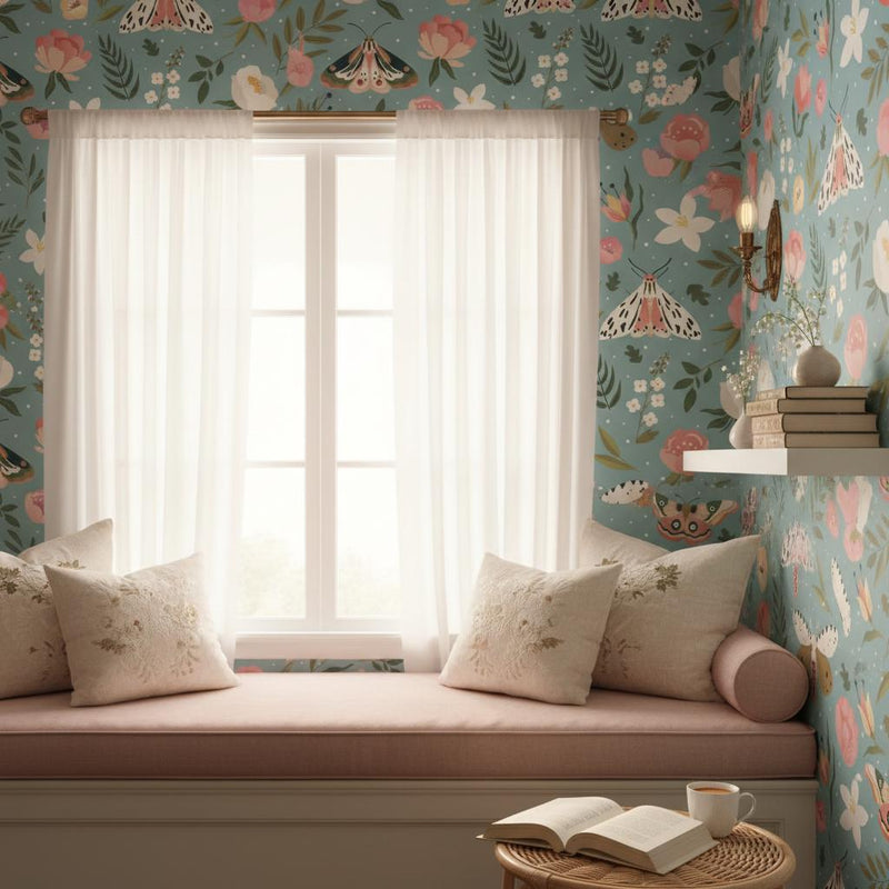 Floral butterfly wallpaper | dusty blue botanical moths | nursery bedroom living room | peel and stick removable wallpaper