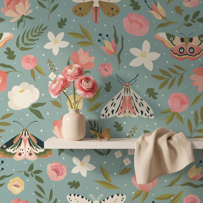 Floral butterfly wallpaper | dusty blue botanical moths | nursery bedroom living room | peel and stick removable wallpaper