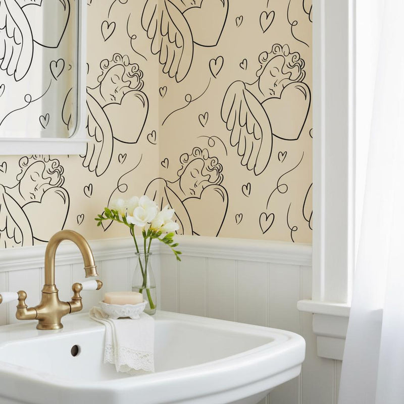 Cherub angel wallpaper peel and stick  cream line art wallpaper