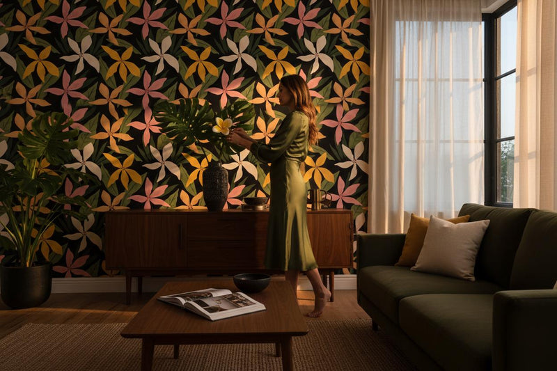 Dark floral wallpaper | black tropical botanical flowers | bedroom living room | peel and stick removable wallpaper