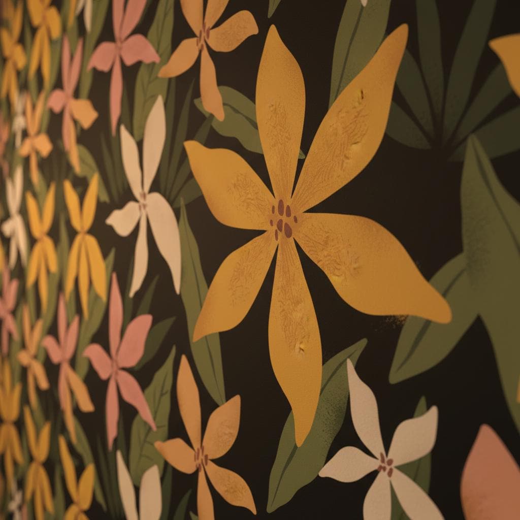 Dark floral wallpaper | black tropical botanical flowers | bedroom living room | peel and stick removable wallpaper