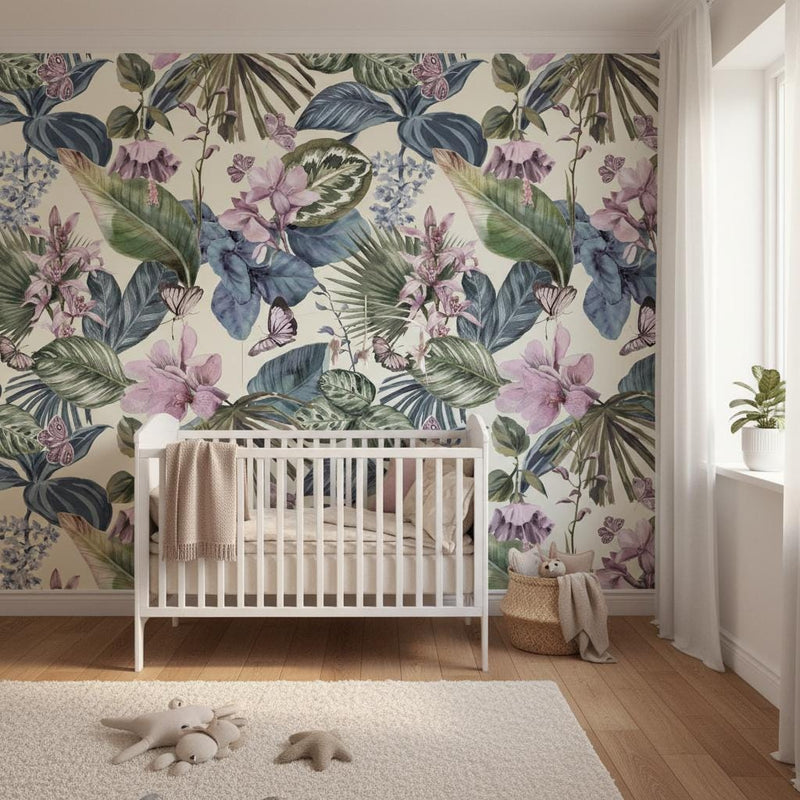 Tropical botanical wallpaper | lavender orchid butterfly navy leaves | bedroom living room | peel and stick removable wallpaper