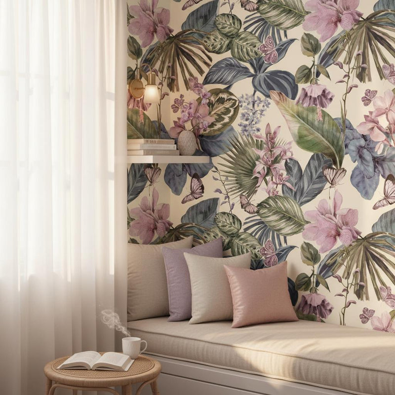Tropical botanical wallpaper | lavender orchid butterfly navy leaves | bedroom living room | peel and stick removable wallpaper