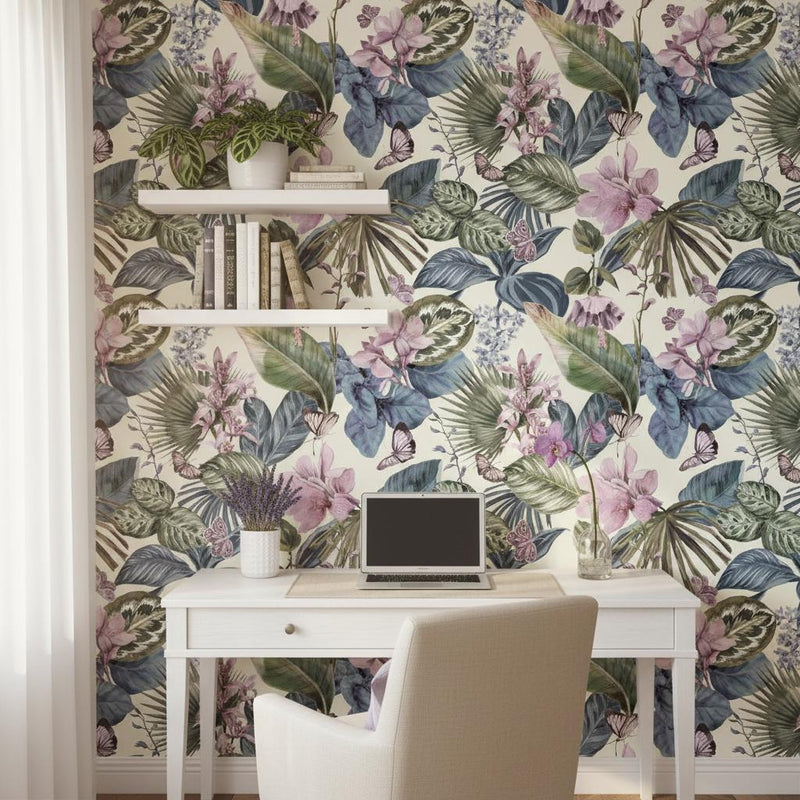 Tropical botanical wallpaper | lavender orchid butterfly navy leaves | bedroom living room | peel and stick removable wallpaper