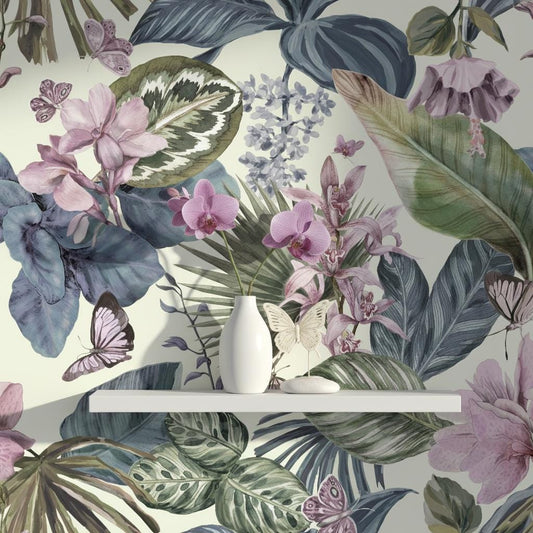 Tropical botanical wallpaper | lavender orchid butterfly navy leaves | bedroom living room | peel and stick removable wallpaper