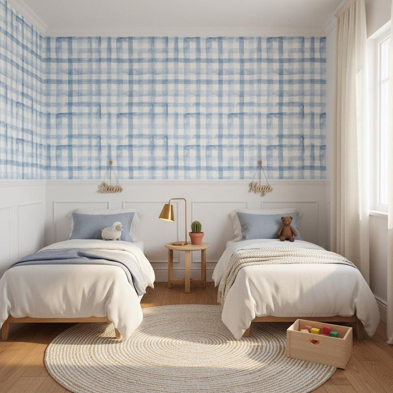 Blue Plaid Wallpaper Watercolor gingham peel and stick wallpaper Nordic nursery
