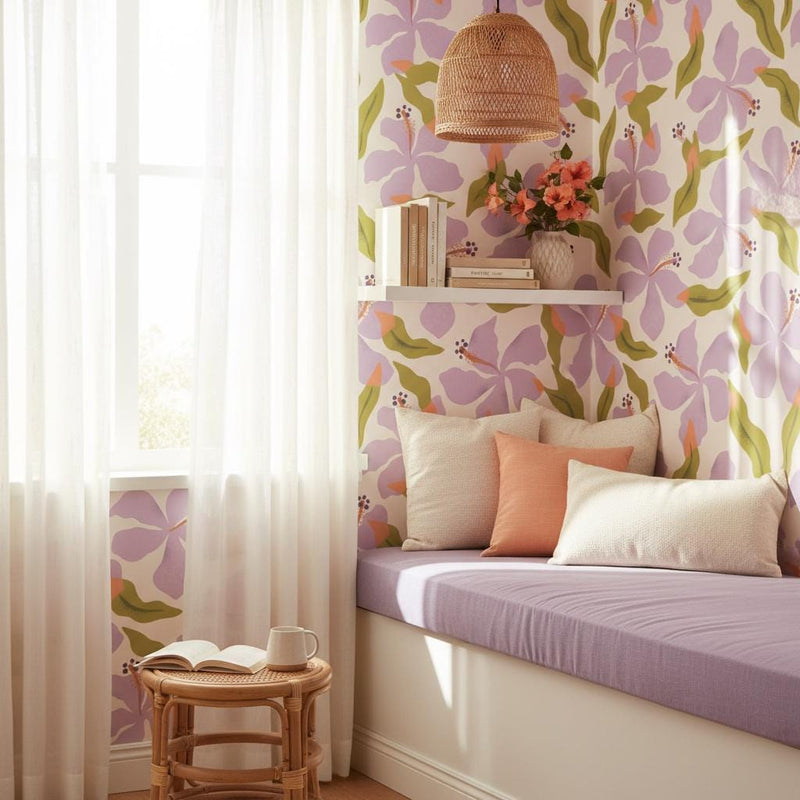 Lavender hibiscus wallpaper | large tropical floral lilac green | bedroom nursery living room | peel and stick removable wallpaper