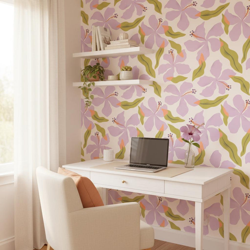 Lavender hibiscus wallpaper | large tropical floral lilac green | bedroom nursery living room | peel and stick removable wallpaper