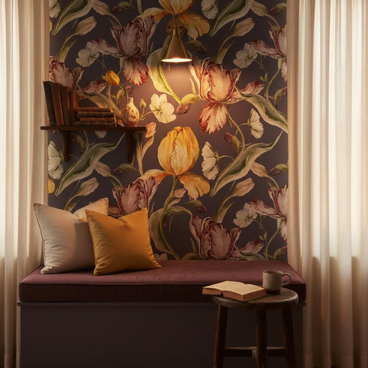 Tulip wallpaper purple | Dutch Masters parrot tulips floral | bedroom dining room | peel and stick removable wallpaper