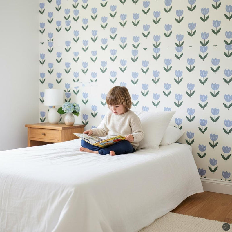Blue tulip wallpaper peel and stick spring floral