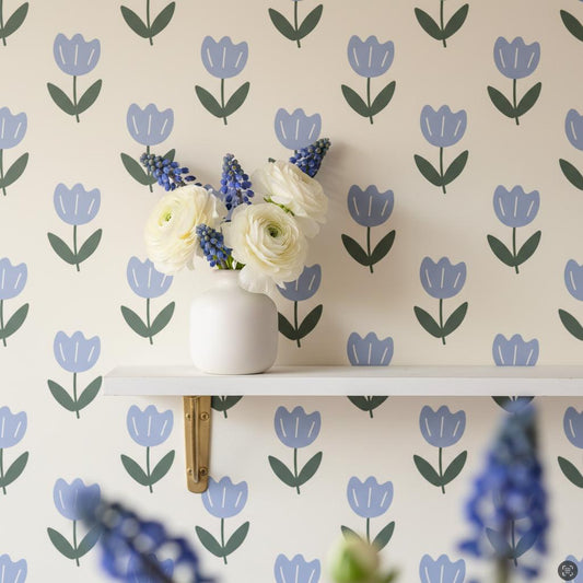 Blue tulip wallpaper peel and stick spring floral