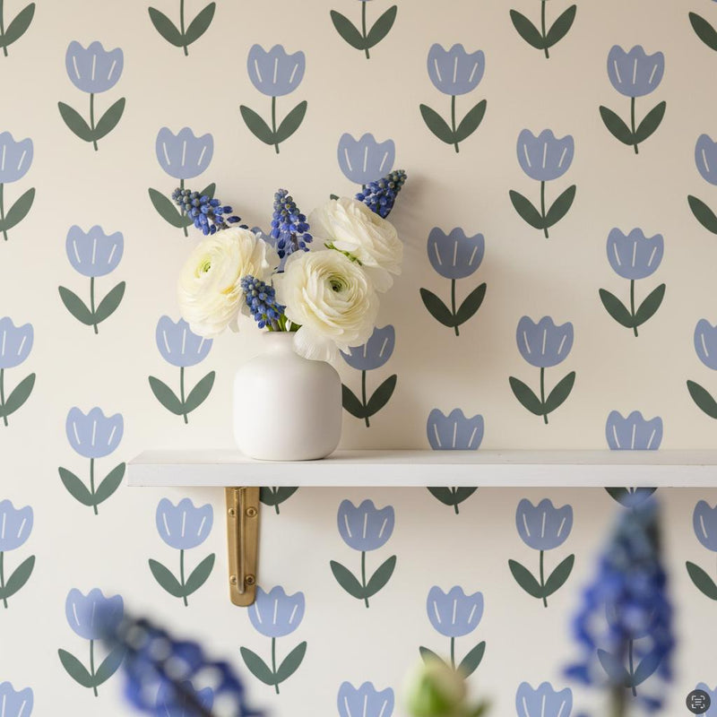 Blue tulip wallpaper peel and stick spring floral