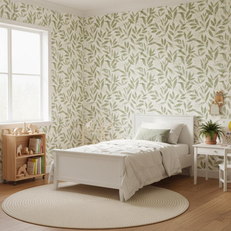 Sage Green Leaf Peel and Stick Wallpaper | Botanical Removable Wall Mural