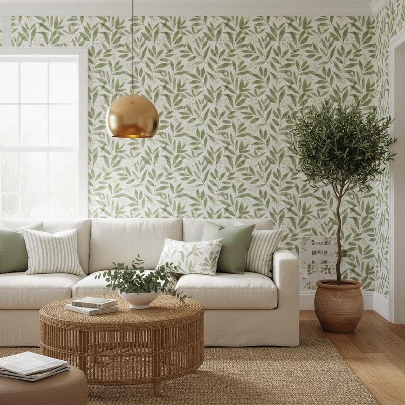 Sage Green Leaf Peel and Stick Wallpaper | Botanical Removable Wall Mural