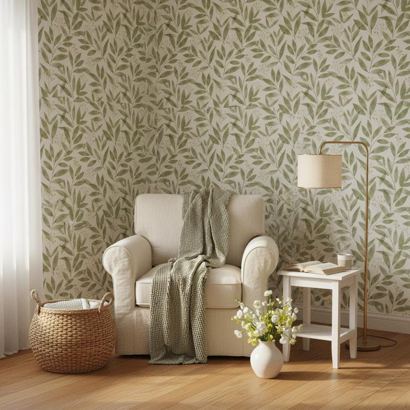 Sage Green Leaf Peel and Stick Wallpaper | Botanical Removable Wall Mural