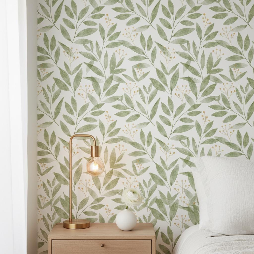 Sage Green Leaf Peel and Stick Wallpaper | Botanical Removable Wall Mural