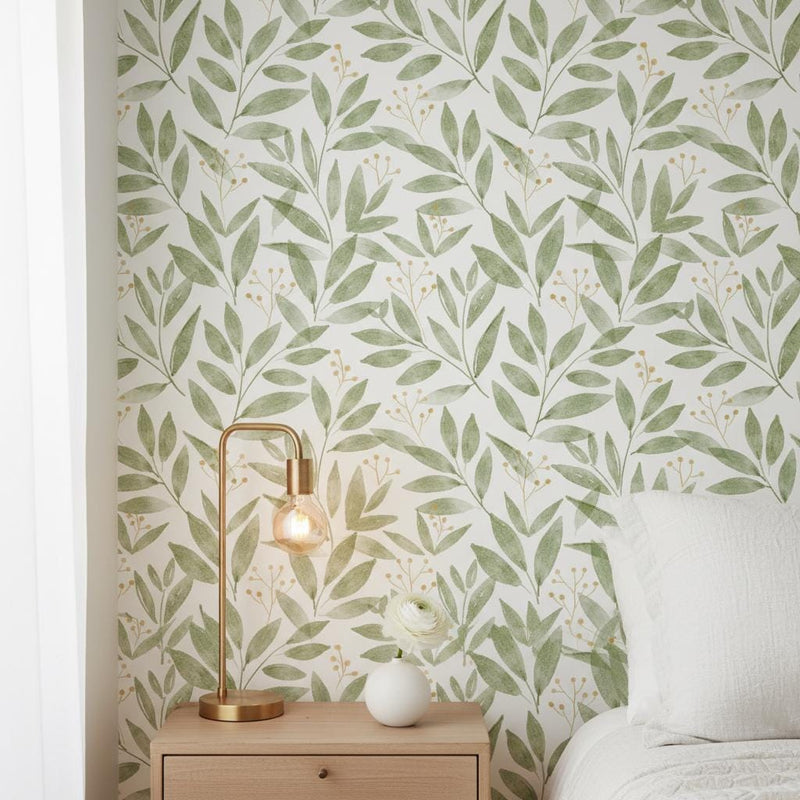 Sage Green Leaf Peel and Stick Wallpaper | Botanical Removable Wall Mural