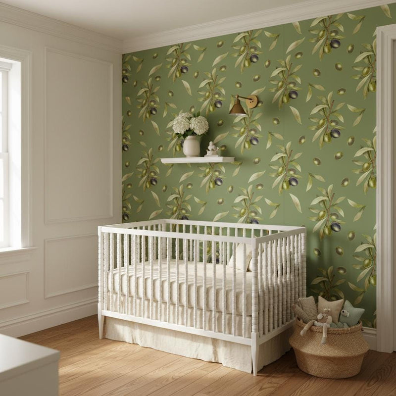 Olive Branch Peel and Stick Wallpaper | Sage Green Mediterranean Wall Mural | Tuscan Kitchen Wallpaper