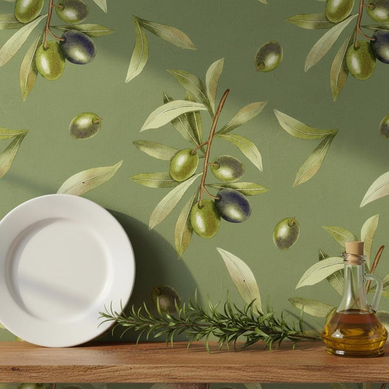 Olive Branch Peel and Stick Wallpaper | Sage Green Mediterranean Wall Mural | Tuscan Kitchen Wallpaper