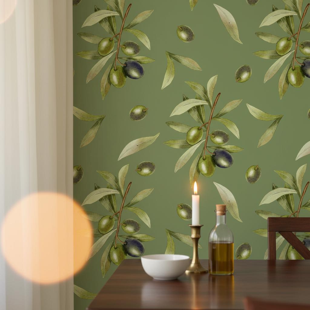 Olive Branch Peel and Stick Wallpaper | Sage Green Mediterranean Wall Mural | Tuscan Kitchen Wallpaper