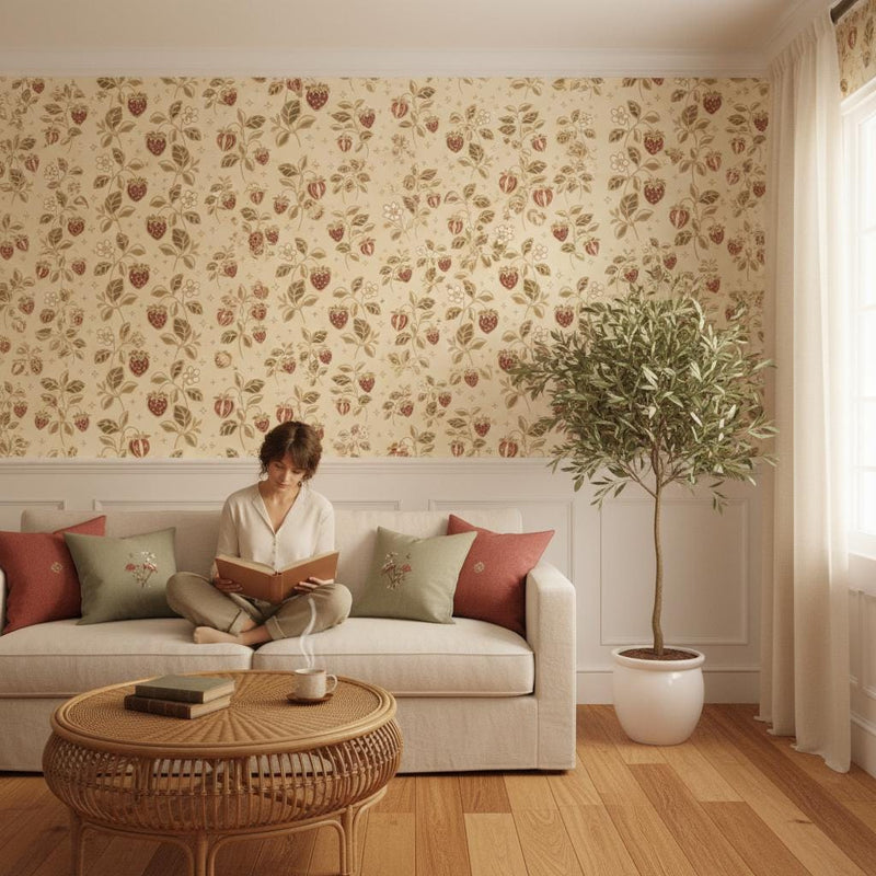Floral Strawberry Wallpaper Vintage Botanical Farmhouse Accent Wall Mural