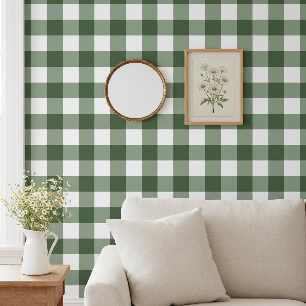 Green Gingham Wallpaper | Peel and Stick or Non-woven